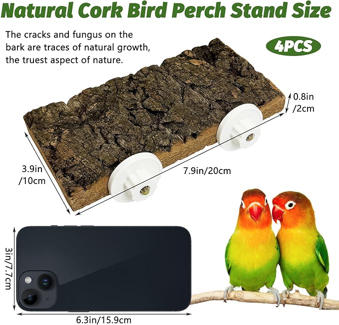 kathson 2Pcs Natural Cork Bird Perch Stand Platform Small Birds Thicken Wooden Rectangle Stand Perch Parakeet Chewing Toy Cage Accessories for Lovebirds Cockatiels Conures(Double Screw, 0.8 in Thick)