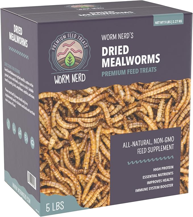 Worm Nerd WN60 5LB Dried Mealworms Non-GMO High Protein and Fiber Treat for Chickens, Birds, Reptiles, Amphibians, Fish