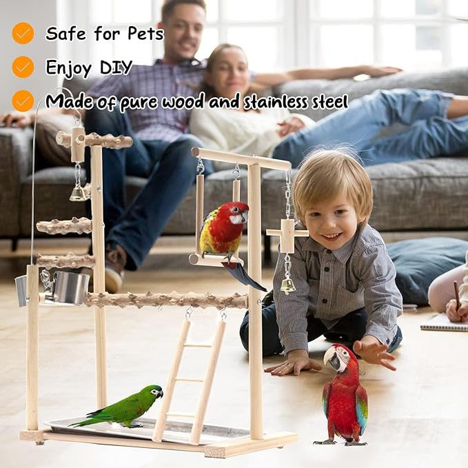 Parrot Bird Playground,Bird Play Gym Wood Perch Stand with Feeder Cups & Tray,Exercise Activity Center with Ladder Swing Bells,Bird Cage Accessories for Lovebirds Cockatiel Parakeet