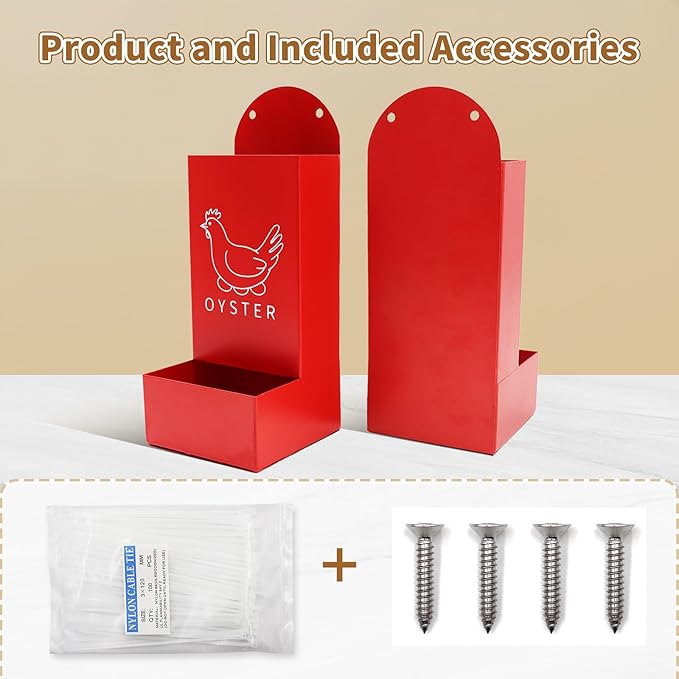 Chicken Coop Accessories, 2 Pack Red Metal Grit and Oyster Shell Feeder with Screw and Plastic Cable Tie, Chicken Feeder for Hen, Duck, Geese, Turkey and Other All Poultry