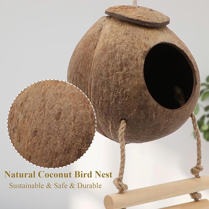 Hypeety Natural Coconut Hideaway Birds Toys Decorative Bird Nest Cage House with Bird Ladder Parakeet Budgie Cage Bird Nest