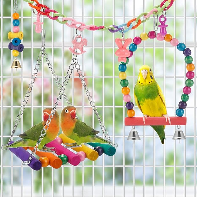 Bird Parakeet Toys - Swing Hanging Standing Chewing Hammock Climbing Ladder Bird Cage Colorful Toys Suitable for Budgerigar, Parakeet, Conure, Cockatiel, Mynah, Love Birds, Finches
