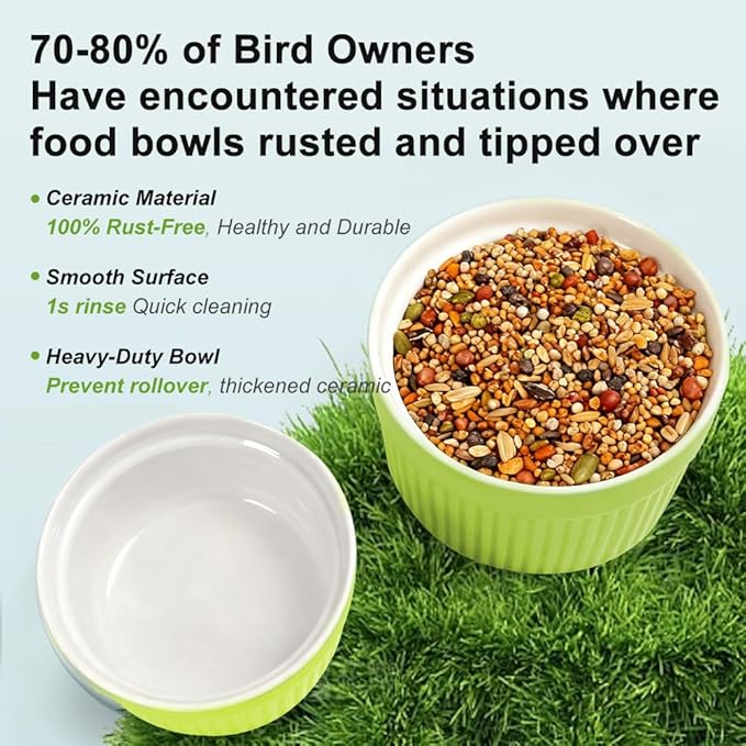Bird Feeder for Cage Bowl, Ceramic Parrot Feeding Cups - Automatic Easy to Clean & Install, Dishwasher Safe Small Animal Food Water Bird Dish for Parrots, Cockatiels, Canaries(Green)
