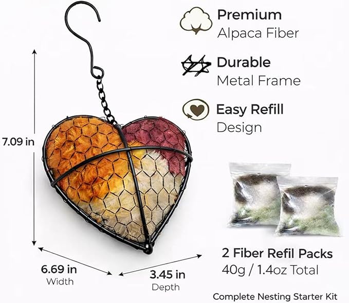 Handmade Alpaca Fiber Heart Bird Nesting Holder for Garden Birds — Cozy Outdoor Gift-Harvest