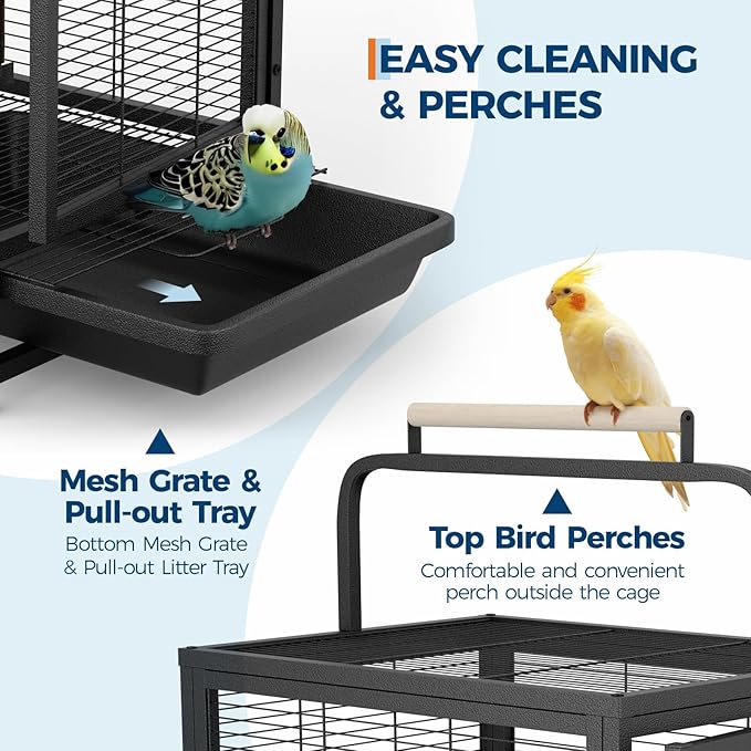 Large Bird Cage, 71" h Rolling Birdcage with Play Top & Storage Cabinet, Wood Parakeet Cage for Macaw Parakeet Parrot Cockatiel Budgie (Black)