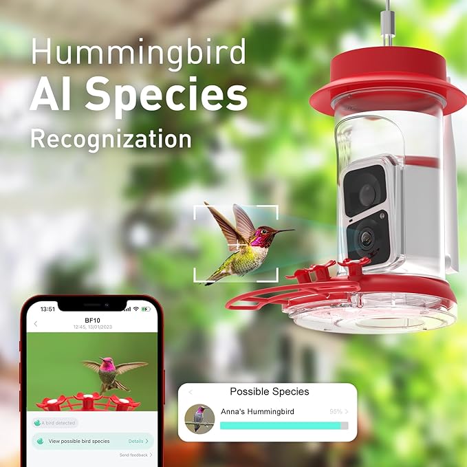 Soliom Hummingbird Feeder with Camera, Smart Feeder Camera with 2K Live View AI Identify, Leak Proof&Ant Moat&Bee Proof, Outdoor Pole/Hook Hanging, Ideal Gift for Family, 16 OZ Red