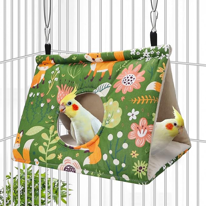 Wontee Bird Nest House Winter Warm Snuggle Hut Bird Bed Hanging Hammock for Parakeets Caique Senegal Quaker Parrots Cockatiels Conures (Large, Green)