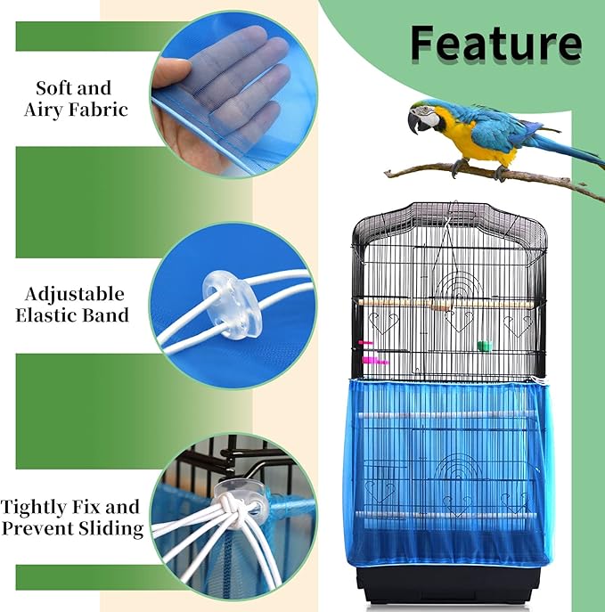 Daoeny 2Pcs Universal Bird Cage Cover, Adjustable Seed Feather Catcher, Soft Airy Nylon Mesh Parrot Net, Birdcage Cover Skirt Sheer Guard for Round Square Cages (Green+ Blue)