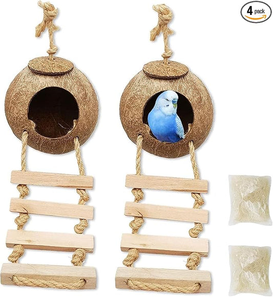 Tfwadmx 4 Pcs Coconut Hide with Ladder, Natural Coconut Fiber Hanging Birdhouse Cage, Coconut Bird Shell Breeding Nest for Parrot Parakeet Lovebird Finch Canary