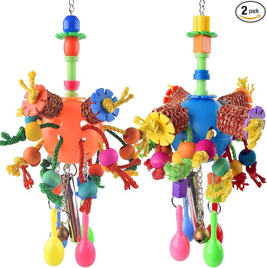KATUMO Bird Toys, 2PCS Parakeet Foraging Shredder Hanging Toys with Sola Balls Sand Hammer, Parrot Ball Treats for Conure Mini Macaw Cockatiel Lovebird Small-Medium Birds