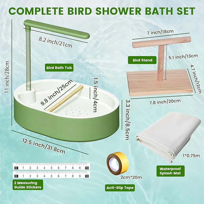 Bird Shower Bath Set for Budgies, Cockatiels & Small Parrots, Indoor Bird Bath Shower with Waterproof Splash Mat, Bird Perch Stand and Bath Accessories
