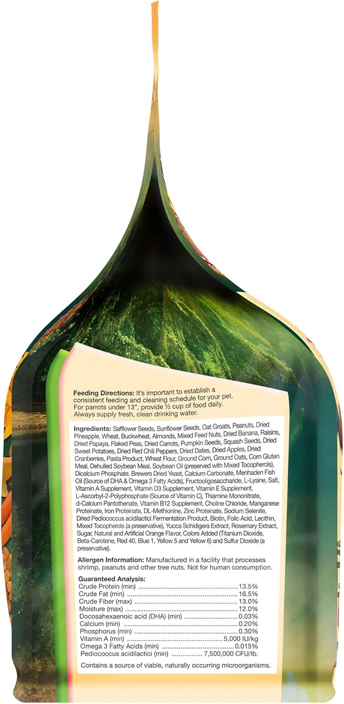 F.M. Brown's Tropical Carnival Gourmet Bird Food for Parrots, African Greys, and Conures Under 13", Probiotics for Digestive Health, Vitamin-Nutrient Fortified Daily Diet - 5 lb.