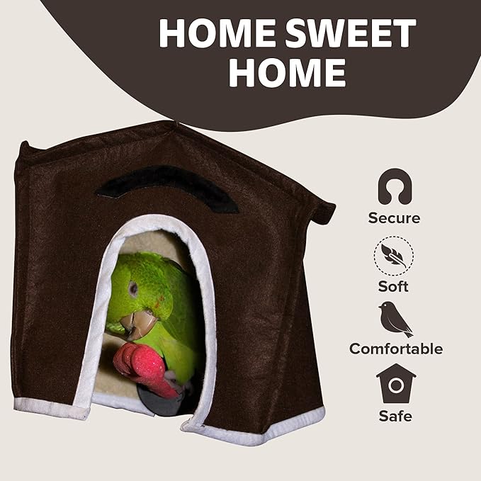 Crazy K Farm - Avian Haven Bird Hut, Comfy Bird Snuggle Hut, Plush Pet Bird Hut for Sleeping and Snuggling, Hanging Bird Cage Hut with Sherpa, Cozy Bird Cage Accessories, Extra Large, Brown