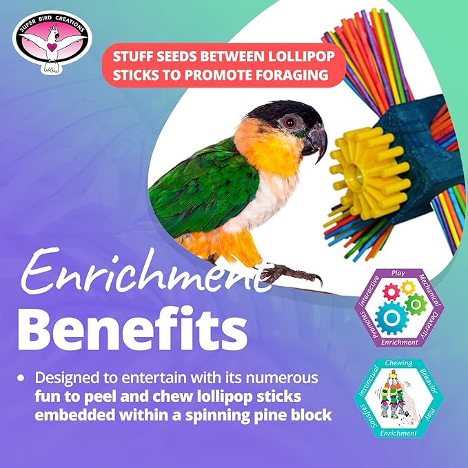 Super Bird Creations SB963 Twirl N' Whirl Bird Toy - Handcrafted Wooden Bird Stuff with Lollipop Sticks & Spinning Block - Relieves Boredom Peeling & Chewing for Parrots, Medium Sized Birds - 6.5"x4"