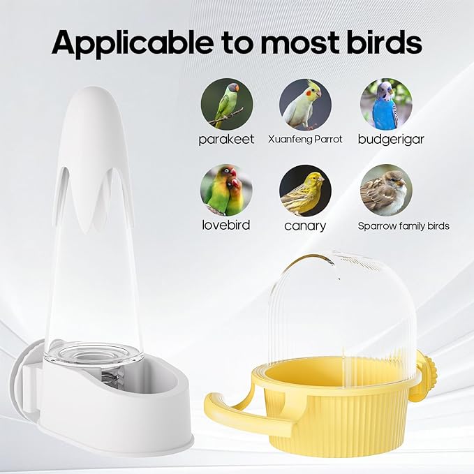 No Mess Bird Feeder Water Dispenser Set, Automatic Hydration, Bird Cage Accessories for Cockatiels Parrots Lovebirds Canarys Finches Budgies and Other Small to Medium Sized Birds (White + White)
