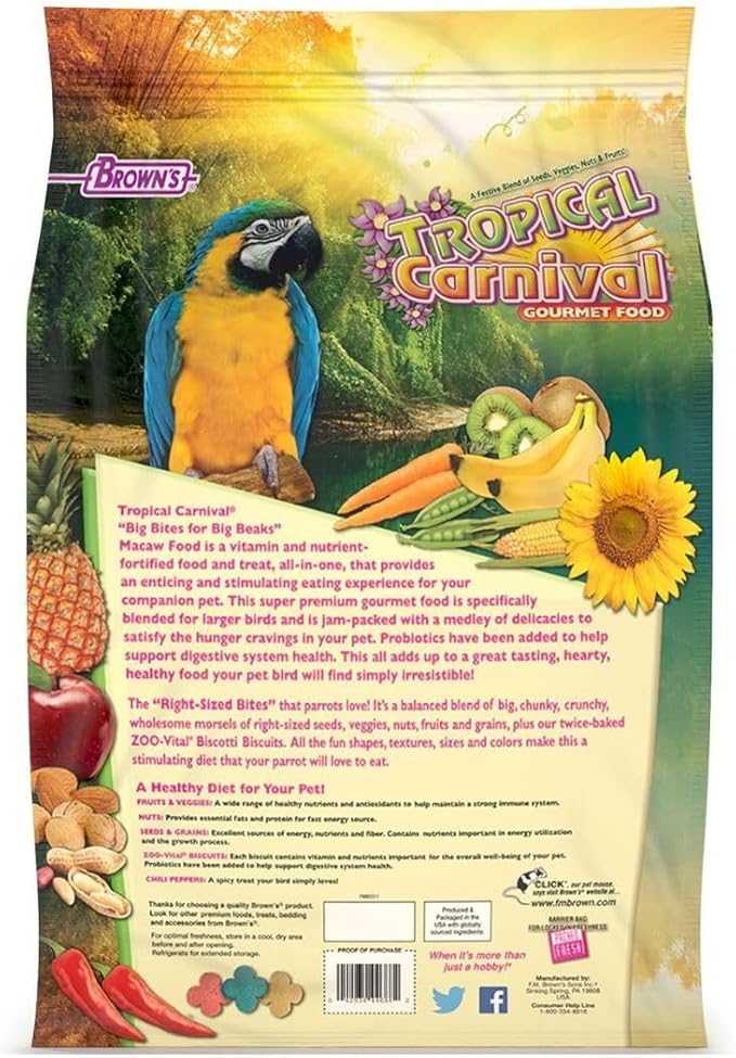 Tropical Carnival Brown’s Gourmet Macaw Bundle (2) Gourmet Macaw Big Bites Food for Big Beaks 14lb and Fruit & Nut Big Bites Treats. 10oz