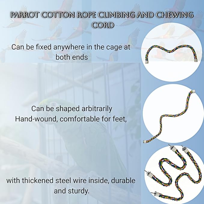 Bird Rope Perches, Parrot Toys, Bungee Rope Perches for Parrots, Cockatiels, Parakeets, Budgie Cages Comfy Birds (Metal Nut) - 31.5 inches
