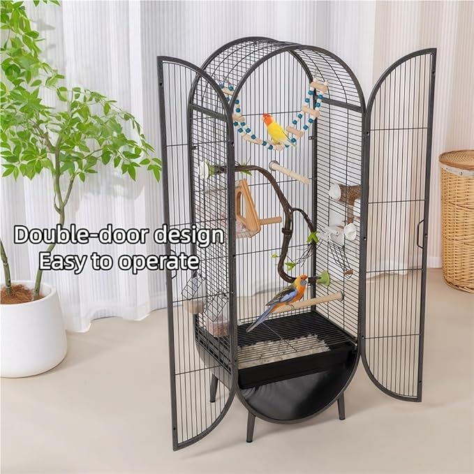 39.4-Inch Large Metal Bird Cage, Luxury Birdcage with Double Doors & Accessories, Freestanding Parrot Cage for Lovebirds, Cockatiels, Grey Parrots(Black)