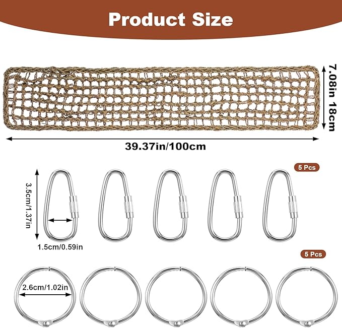 39.34 x 7.08 Inch Large Seagrass Mat for Birds with 5 Hooks, Bird Cage Accessories, Natural Grass Woven Bird Net Hammock Mat, Climbing Rope Ladder Chew Toys