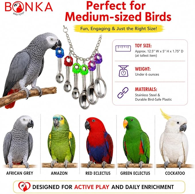 Bonka Bird Toys 1969 Spoon Delight Parakeets Cockatiel Conure Interactive Hanging Stainless Steel Spoons Chewing Foraging Enrichment Cage Medium Large Parrots 12.5" Chew Colorful Parts