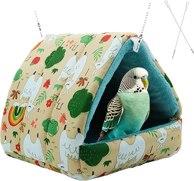 SUSOO Plush Warm Bird Bed - Hanging Bird Nest Snuggle Velvet Shed Tent Cage Fluffy Hut Winter Sleeping Hideaway Hammock House for Parrot Parakeet Conure Cockatiel Budgies Lovebird (Green, M)
