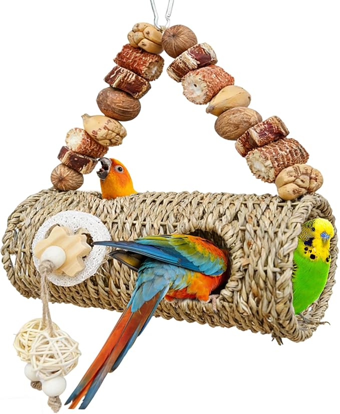 Bird Nest for Cage with Natural Chewing Toys,Hideaway Shelter Hut Parakeet Hanging Bird Tunnel Bed with Handwoven Breathable Seagrass, Small Parakeet Bed for Canary, Budgie Rest & Chew & Play(SD)