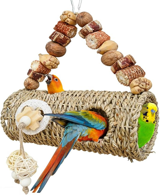 Bird Nest for Cage with Natural Chewing Toys,Hideaway Shelter Hut Parakeet Hanging Bird Tunnel Bed with Handwoven Breathable Seagrass, Small Parakeet Bed for Canary, Budgie Rest & Chew & Play(SD)