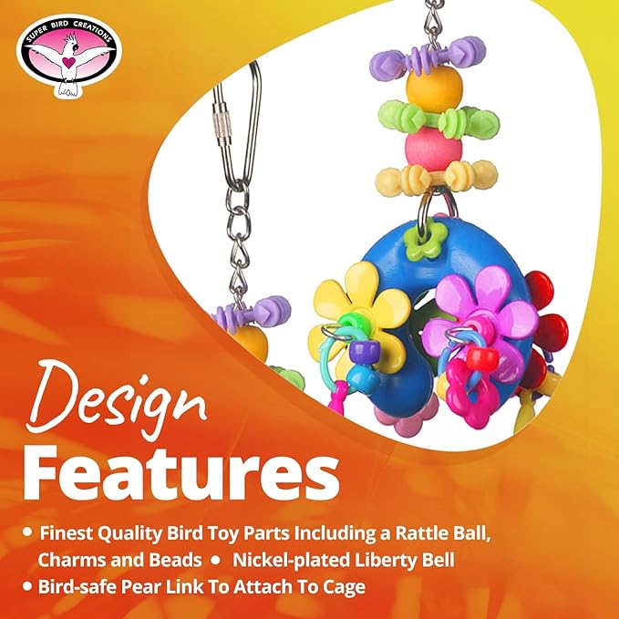 Super Bird Creations SB1085 Flower Power Bird Toy, Small/Medium Bird Size, Ideal for Cockatiels, Parakeets, and Parrots - 7" x 2.5" x 2"