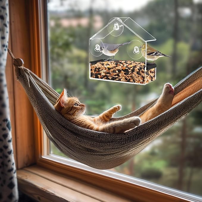Outdoor Window Bird Feeder for Cats Viewing - Clear Bird Feeder with Strong Suction Cup, Cat Perch Accessories for Entertaining Watching, S