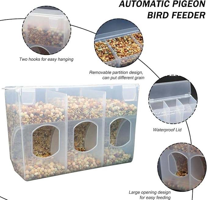 Automatic Pigeon Bird Feeder Water, Plastic Feeder Water Dispenser Drinkers for Cage, No Mess Hanging Parrot Food Feeding, Cage Accessories for Parakeet Quail Bird Chicken (3 Hole-Hook)