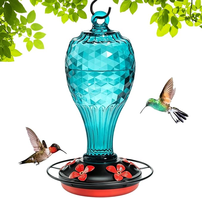 20 oz Hand-Blown Glass Hummingbird Feeder, Hanging Hot Air Balloon Design, Leak-Proof Silicone Seal, Ant-Proof, Outdoor Garden Decor Gift for Mom, Blue