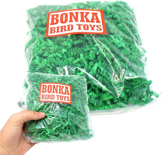 Bonka Bird Toys Colored Crinkle Shred Paper Chew Forage Nesting Treat Natural Multi-Use Craft Part Projects Cockatiels Parakeets Conures Amazons and Other Similar Birds (Green)