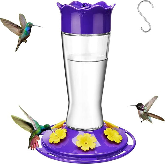 Kingsyard Glass Hummingbird Feeder for Outdoors Hanging, 14 oz Leak-Proof Humming Bird Feeders with Ant Moat & Bee Proof Feeding Ports, Hummingbird Gift for Bird Lovers (Updated Purple)