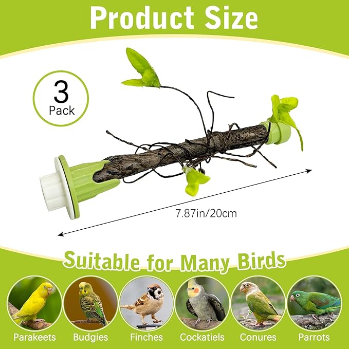 PINVNBY 3 PCS Bird Perches Simulation Branch Parrot Cage Perch Stand with Green Leaf Hanging Paw Grinding Fork Cage Accessories for Parakeets Budgies Finches Cockatiels Conures