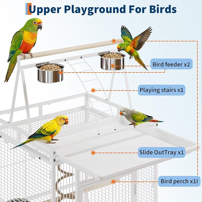 67-Inch Playtop Wrought Iron Large Parrot Bird Cages with Rolling Stand for Cockatiels Parrot Quaker Conure Parakeet Lovebird Canary Small Medium Parrot Cage Birdcage, White