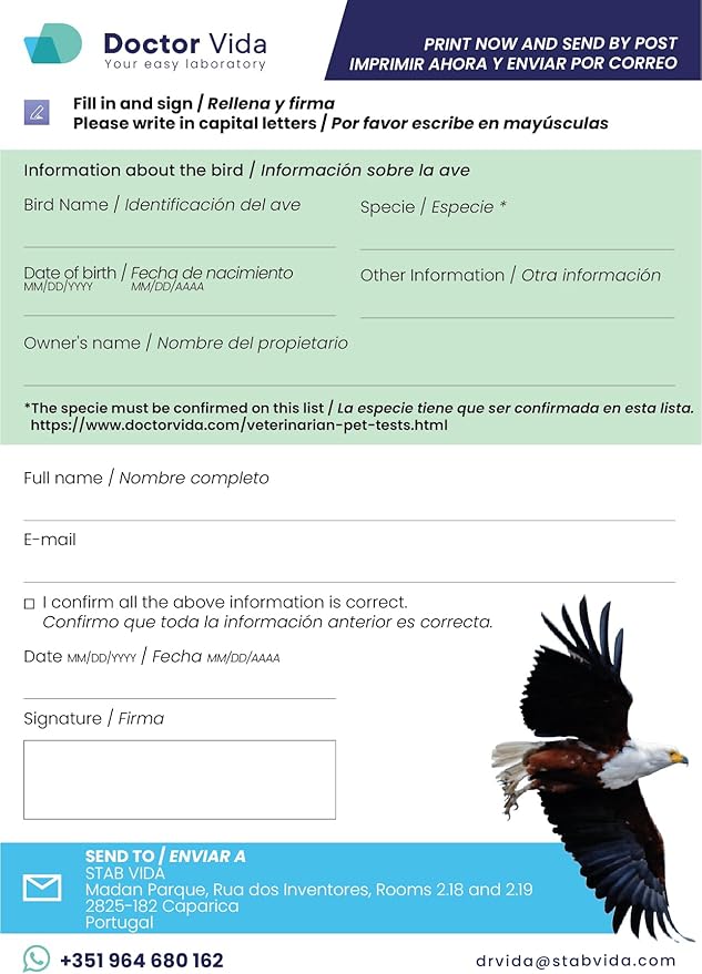 Bird Sexing DNA. Gender Reveal Test for Parrots, Lovebirds, Cockatoos, African Grey,Macaw, Cockatiels, Parakeets, Eagles, Owls + 1000 Species. Avian Sexing DNA Testing. Sample Collection Kit included