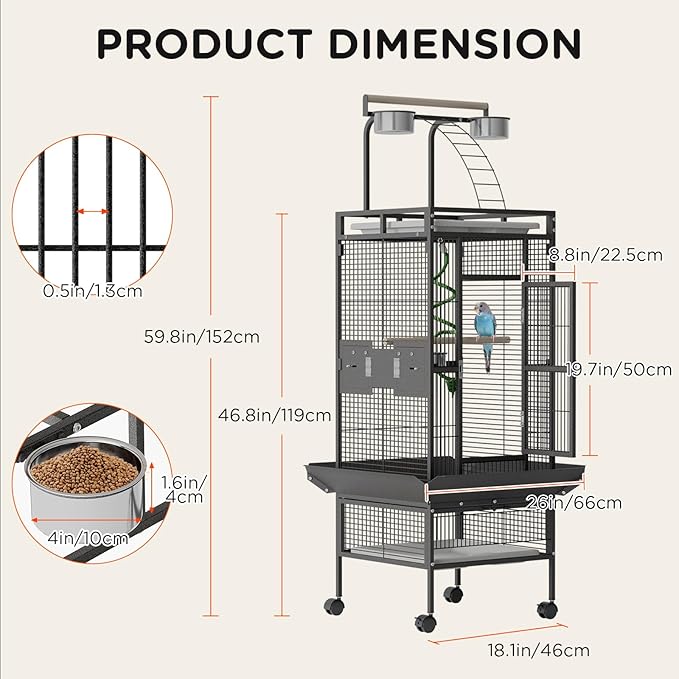 Garvee 60 inch Large Bird Cage with Rolling Stand, Metal Parrot Cage with Play Top & 4 Stainless Steel Bowls, Birdcage Pet House for Conure Cockatiel Parakeet Lovebird, Black