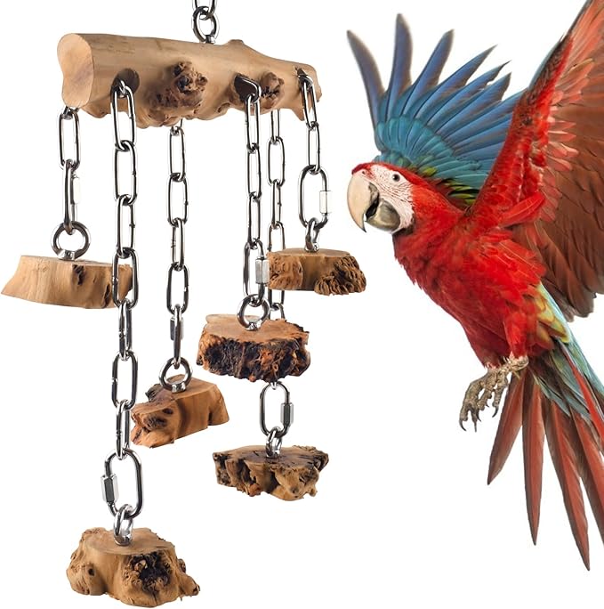 DBNESS Bird Toys for Parrots, Durable Wooden Hardwood Blocks with Stainless Steel Hanging Natural Chew Toy for Macaws African Greys Amazon Cockatoos Medium Large Parrot Similar Sized Pet Parrot