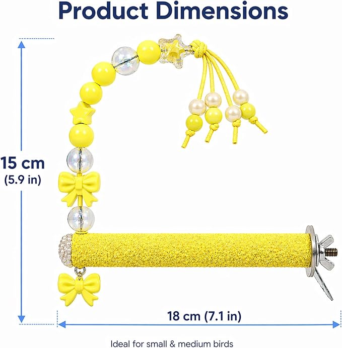 Bird Parrot Perch with Beads and Bow Chew Toy,Cage Platform Toy and Exercise Accessories for Budgies Parakeets Cockatiels Conures and Lovebirds (Yellow)