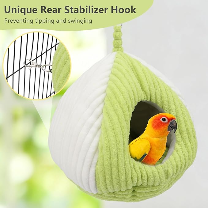 Hypeety Bird Nest Winter Warm Hammock Bed for Cage Bird Shed Hut Tent Cozy Hanging Nest House for Small Pet Parakeet Conure Cockatiel Budgies Lovebird Bird Cage Accessories (Green, L)