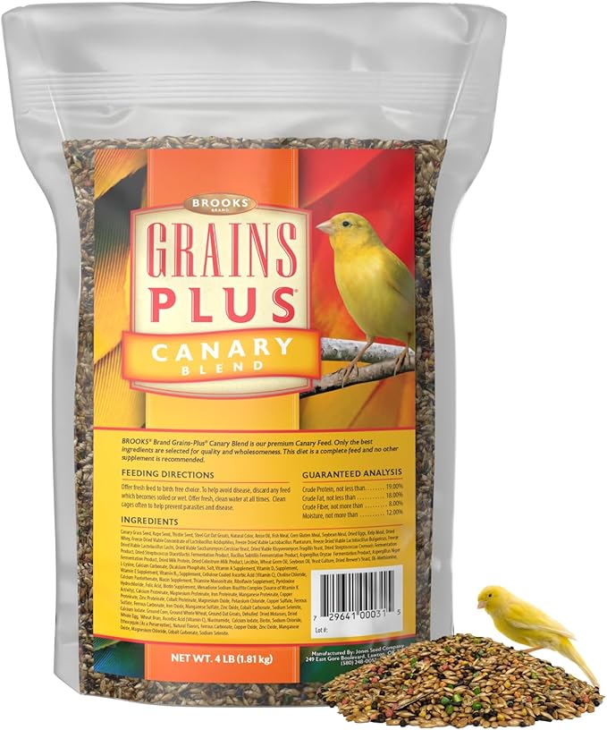 Brooks Brand Grains Plus Canary Blend, Canary Bird Food Seed, Seeds for Birds, Comida para Canarios, Alpiste para Pajaros (4 lbs)