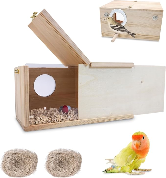 PINVNBY Parakeet Nesting Box, Detachable Board Acrylic Bird House for Cage with Coconut Fiber, Natural Wood Breeding Box for Cockatiel Budgie Lovebirds Conure Finch Parrot (M: 9.8 * 5.3 * 5.3 inch)