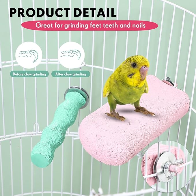 Soulchen 4 Pcs Bird Beak Grinding Calcium Stone Perches Large 4.8 Inch Parrot Teeth Mouth Molar Cage Platform Paw Grinding Sticks Jumping Stand for Macaws Parakeets Finches Cockatiel(Green,Pink)