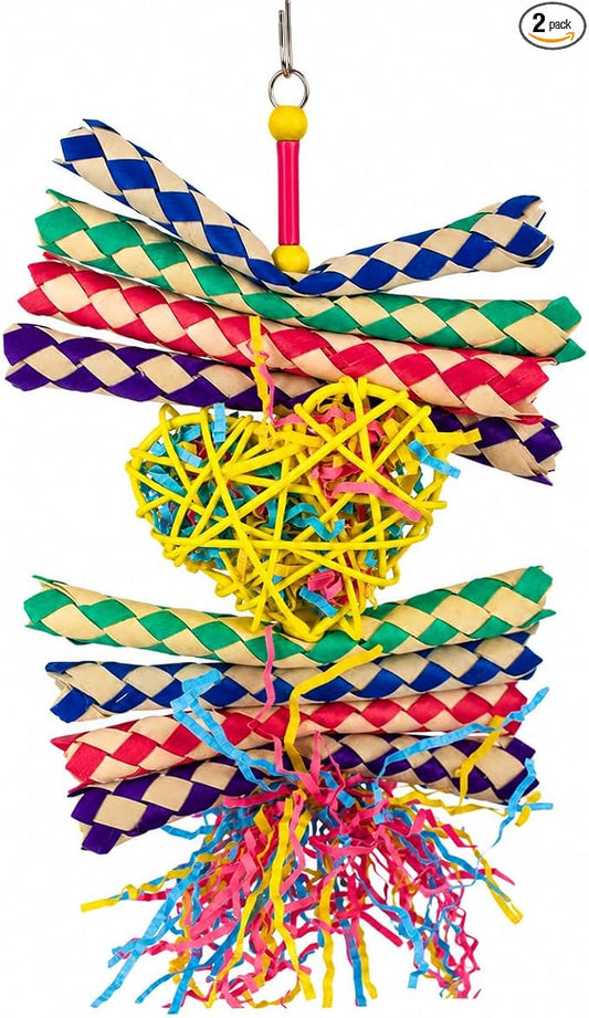 Bonka Bird Toys 1730 Foraging Valentine Heart Bird Toy for Medium Birds Shredding and Chewing Cage Toy Colorful Palm Leaf and Paper Foraging Toy 9" x 6" (Pack of 2)