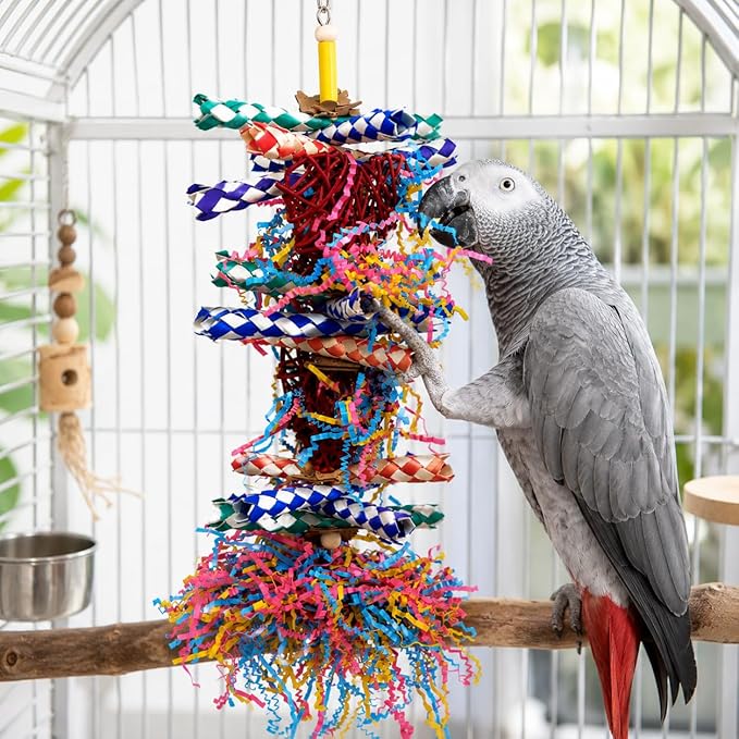 Bonka Bird Toys 1042 Huo Foraging Hearts Bird Toy for Medium Large Birds Interactive Shredding and Chewing Cage Toy Colorful Palm Leaf and Paper Enrichment Toy 12.5"