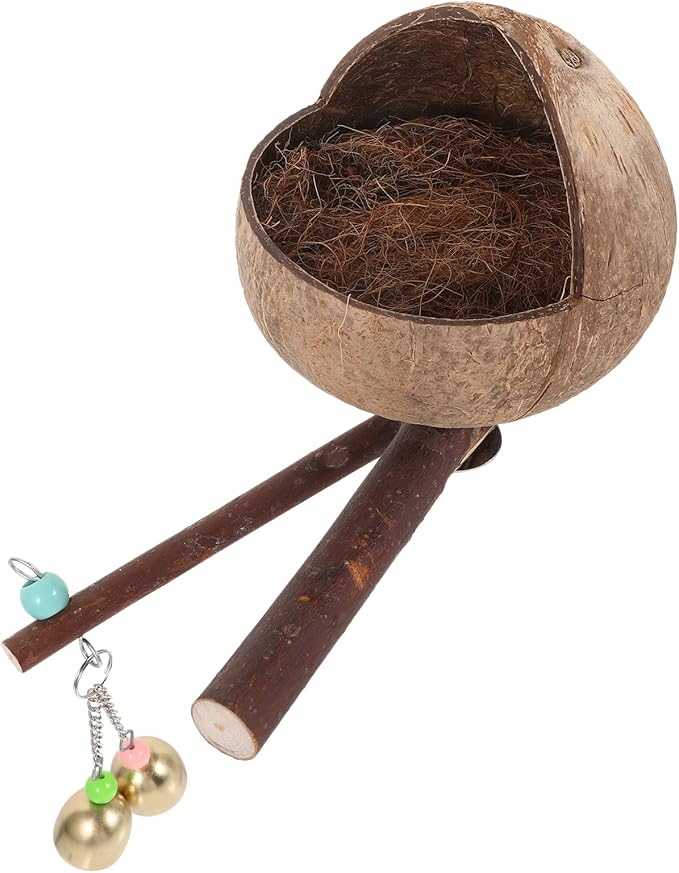 Ipetboom Coconut Bird Nest: Natural Coconut Shell Bird Nest - House Hut Cage with Perch Bell House - Hut Cage for Pet Parrot Parakeet