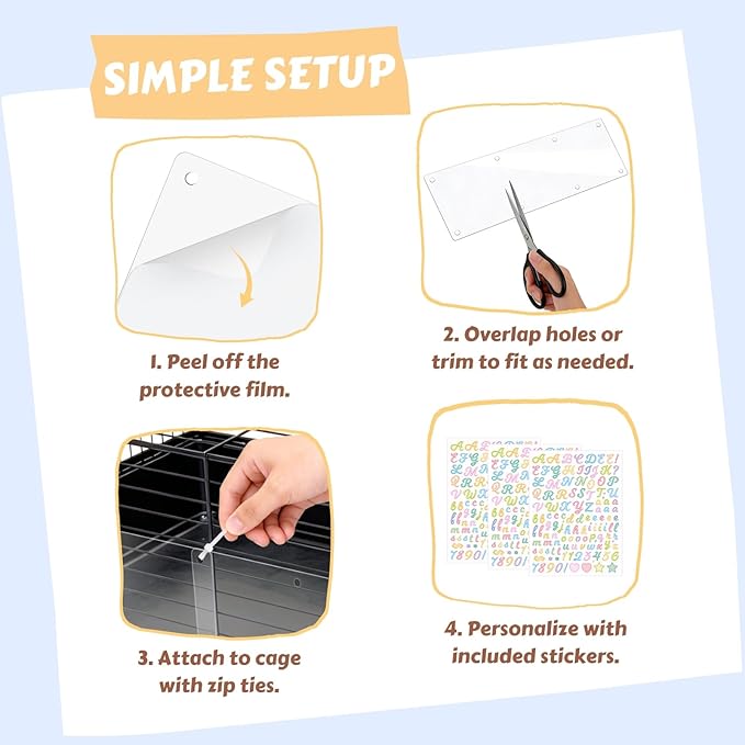 12 Pcs Cage Guard 13.8"x4.7" with Zip Ties & Personalized Letter Stickers, Scatter Guard Clear Cage Liner Flexible Side Lining for Rabbit Guinea Pig C&C Metal Wire Playpen