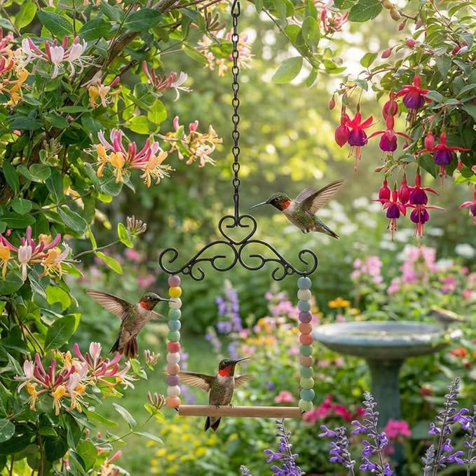 Hummingbird Swing & Perch for Outdoor – Rust-Resistant Metal Bird Perch with Colorful Beads, Easy Hanging Garden Accent Near Feeder, Bird Bath & Hummingbird House (1 PCS)