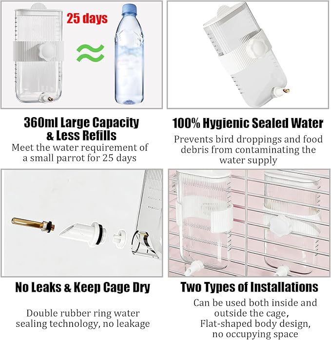 Automatic Bird Feeder Waterer Kit Bird Cage Hanging Waterer Parakeet Leak-Proof Feeder Parrot Vegetable Clips Cage Accessories for Budgies Lovebirds Finches Canaries Parrotlets Conures (White)