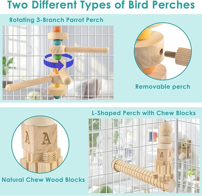 DBNESS 3pcs Natural Wood Bird Perch Toys, Rotating Perch Stand, L-Shaped Perches with Chew Block, Hanging Cork Stopper Toy, Birdcage Accessories for Small Medium Parrots Cockatiels Quaker Caique